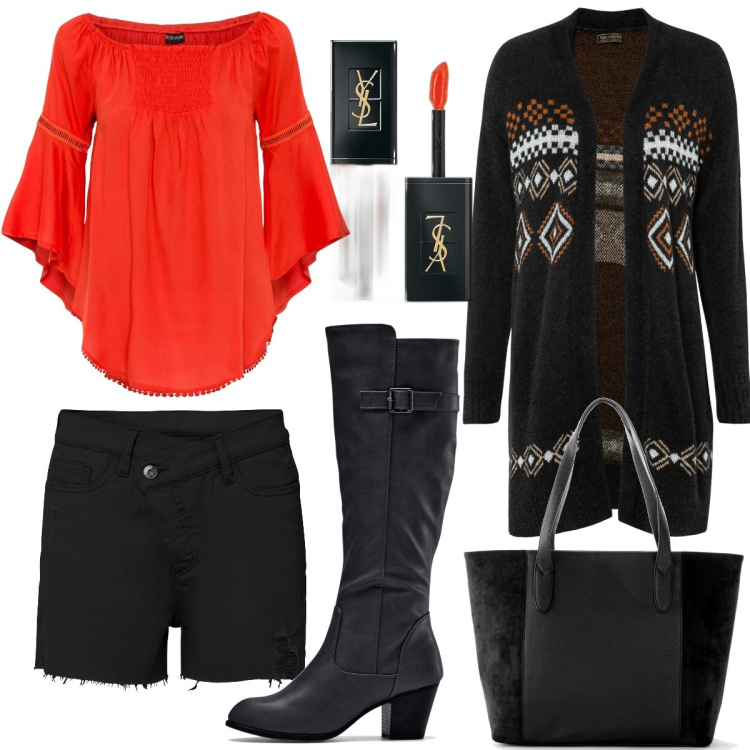 Outfit donna - Boho ottobre. Stile Boho per Tutti i giorni. Abbinamento con stivali, shopping bag, cardigans, bluse, shorts, rossetti.