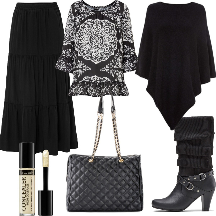 Outfit donna - Boho ottobre 2. Stile Boho per Serata fuori. Abbinamento con stivali, gonne lunghe, tuniche, cappotti, shopping bag, correttori.