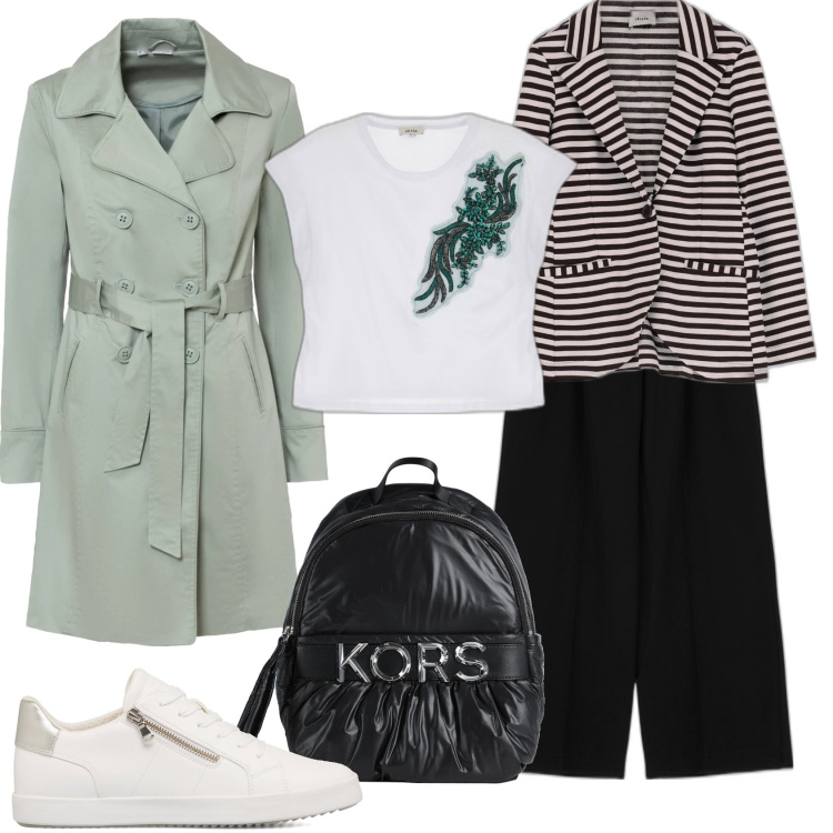 Outfit donna - Ritorno alla Normalità.. Stile Basic per Ufficio. Abbinamento con trench, zaini, pantaloni a palazzo, sneakers, t-shirt, blazer.