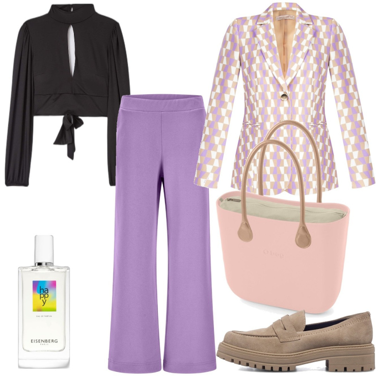 Outfit donna - Pittarosso. Stile Casual chic per Tutti i giorni. Abbinamento con profumi, t-shirt, giacche, pantaloni a palazzo, mocassini, borse a spalla.