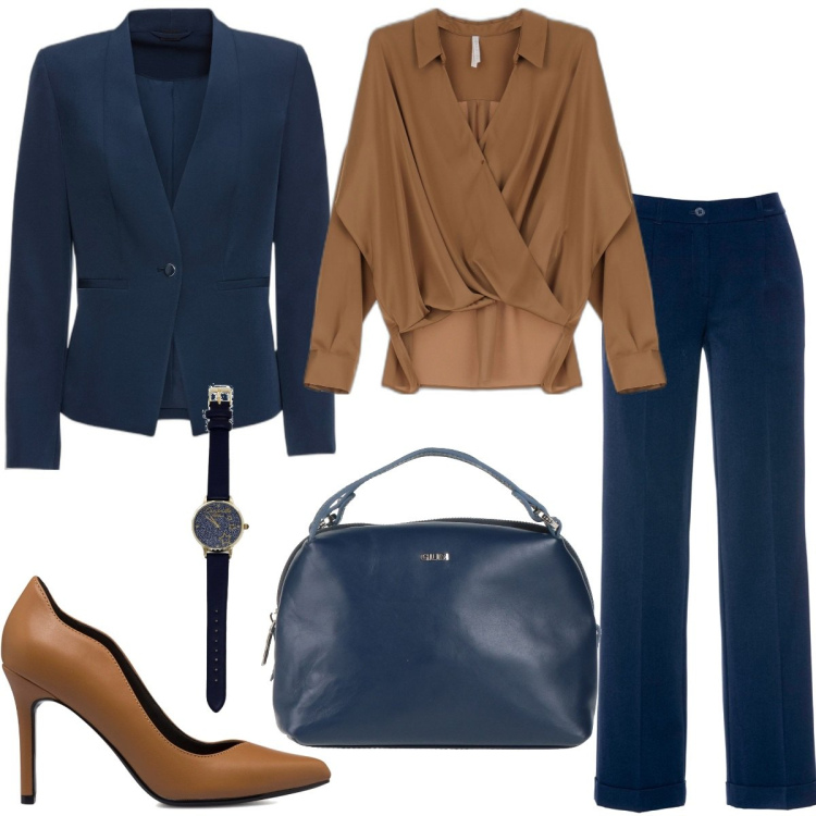 Outfit donna - Ufficio 2 a settembre. Stile Urban per Ufficio. Abbinamento con blazer, pantaloni, borse a mano, camicie, décolleté, orologi.