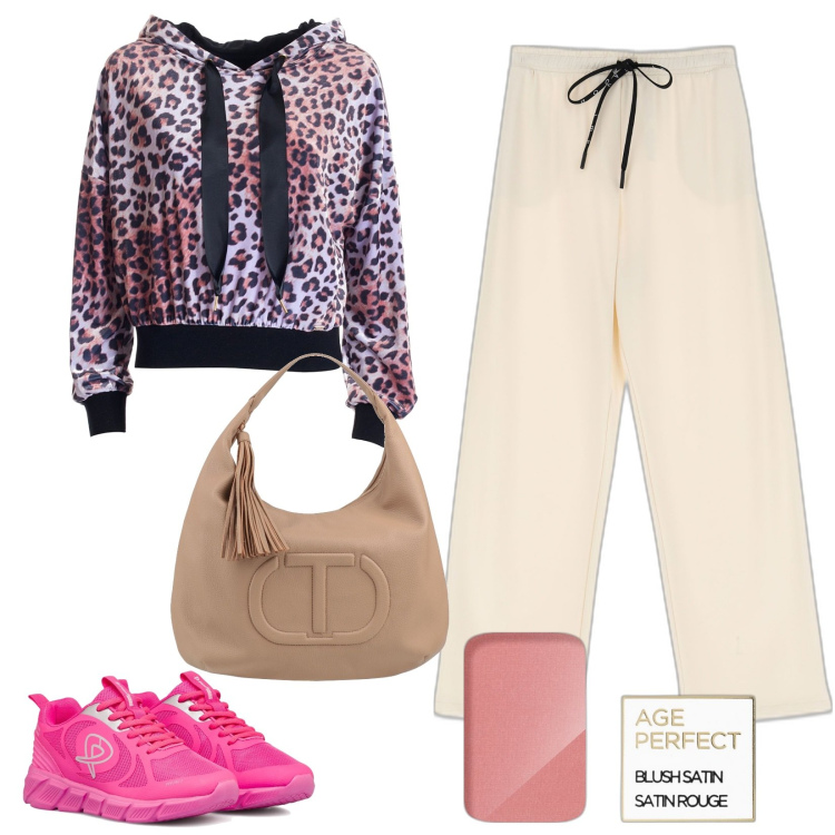 Outfit donna - Pink together. Stile Sporty chic per Tutti i giorni. Abbinamento con borse a mano, blush, felpe con cappuccio, pantaloni, scarpe sportive.