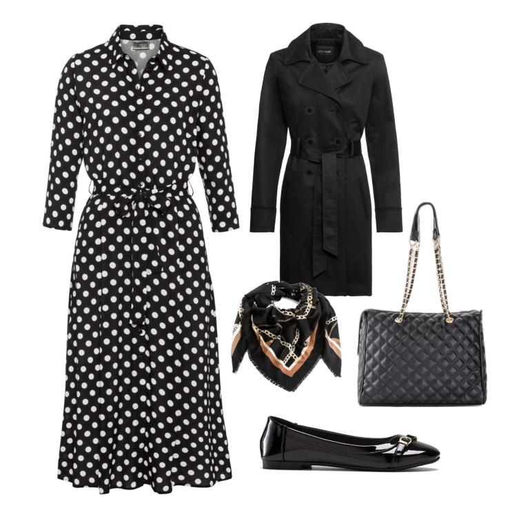 Outfit donna - Chic fall. Stile Chic per Tutti i giorni. Abbinamento con trench, shopping bag, vestiti midi/longuette, ballerine, foulard.