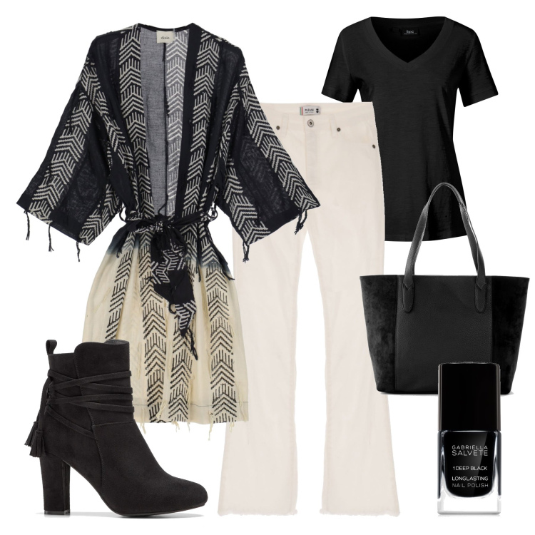 Outfit donna - Autunno boho. Stile Boho per Tutti i giorni. Abbinamento con shopping bag, stivaletti, t-shirt, smalti, jeans, giacche.