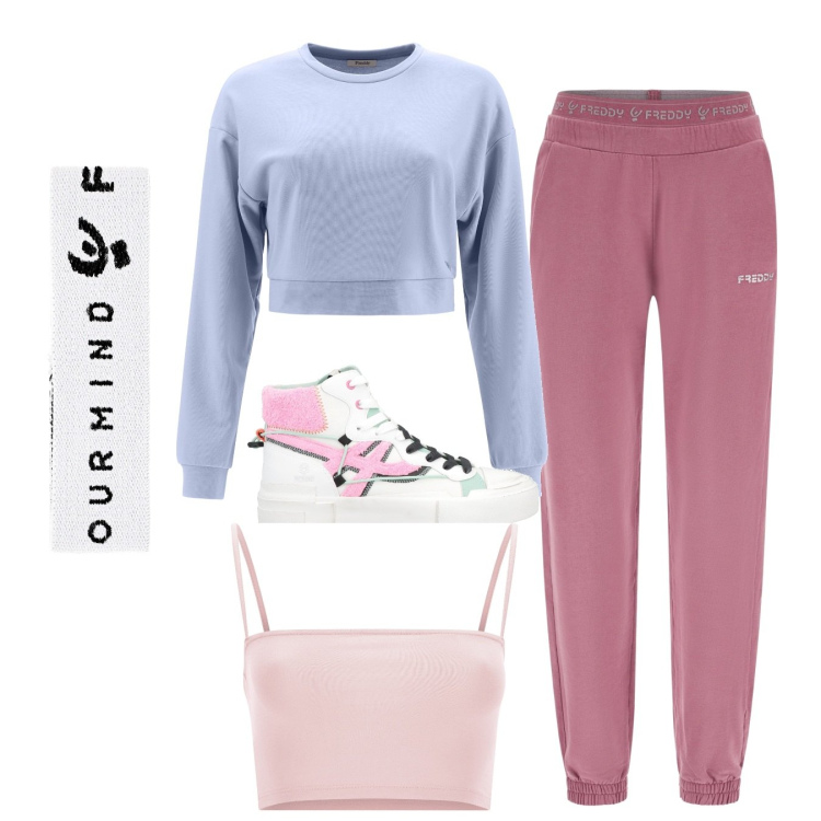 Outfit donna - Colori pastello. Stile Sporty chic per Sport. Abbinamento con sneakers, pantaloni, felpe, top, braccialetti.