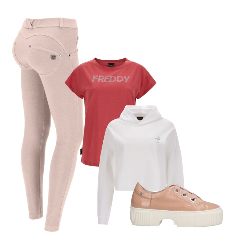 Outfit donna - Comfort. Stile Sporty chic per Tutti i giorni. Abbinamento con sneakers, pantaloni skinny, t-shirt, felpe con cappuccio.