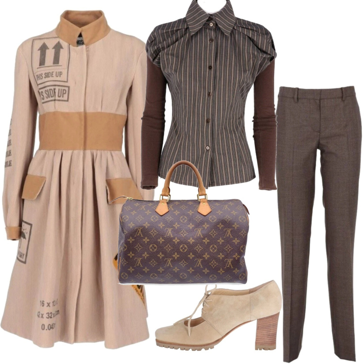 Outfit donna - Righe marroni. Stile Casual per Serata fuori. Abbinamento con borse a mano, camicie, scarpe stringate, cappotti, pantaloni.