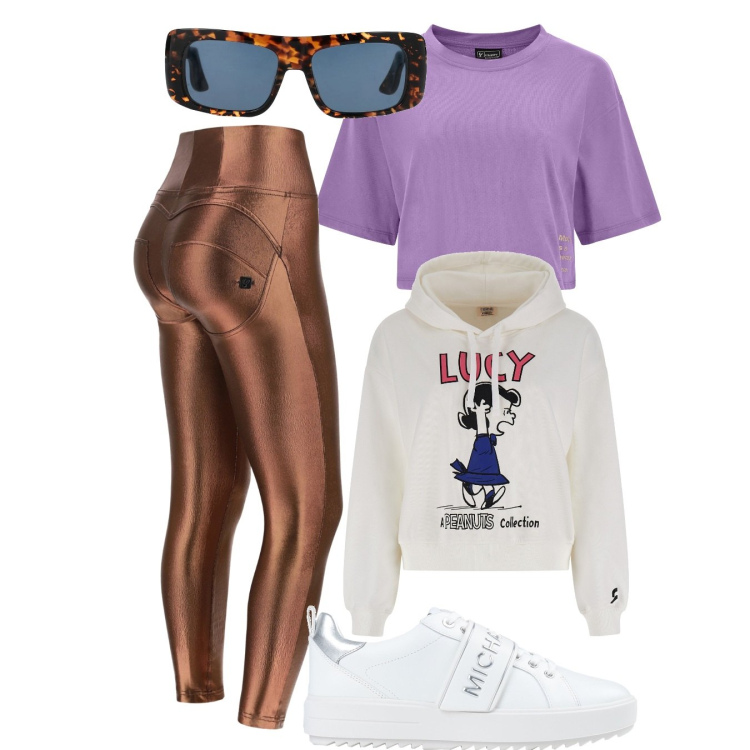 Outfit donna - Ancora comfort. Stile Sporty chic per Tutti i giorni. Abbinamento con sneakers, occhiali da sole, felpe con cappuccio, pantaloni skinny, t-shirt.