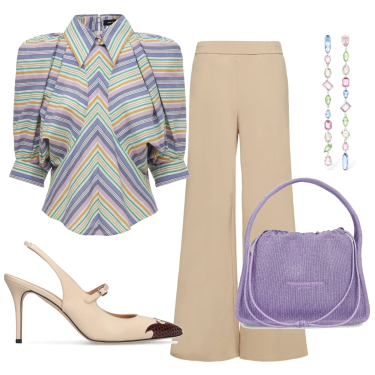 Outfit donna - Rientro in città. Stile Casual chic per Ufficio. Abbinamento con camicie, pantaloni, borse a mano, décolleté, orecchini.