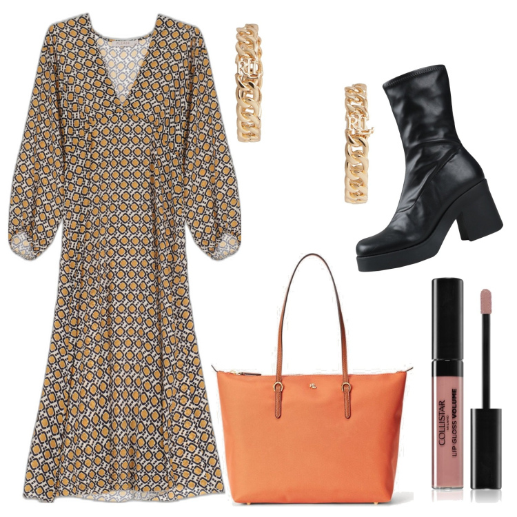 Outfit donna - Boho in autunno. Stile Boho per Serata fuori. Abbinamento con stivaletti, gloss, vestiti midi/longuette, borse tote, orecchini.