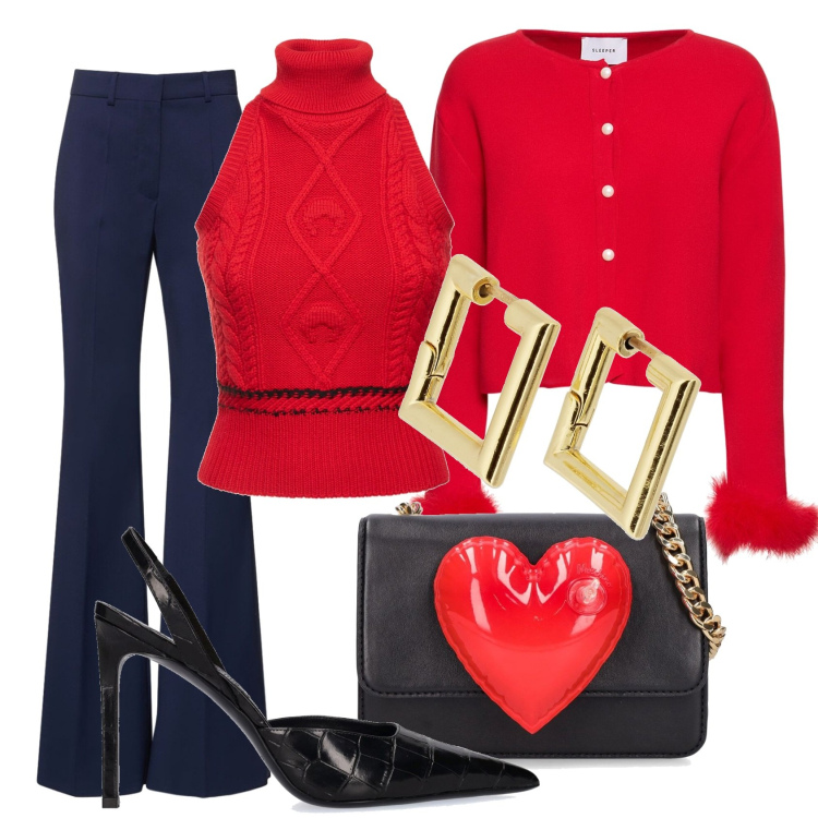 Outfit donna - Rosso e blu per il rientro. Stile Casual chic per Ufficio. Abbinamento con pantaloni, maglieria, cardigans, orecchini, borse a spalla, décolleté.