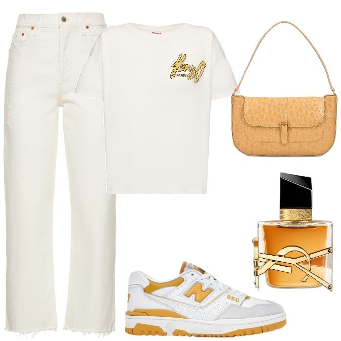 Outfit donna - Total look #1720833. Stile Trendy per Tutti i giorni. Abbinamento con sneakers, profumi, t-shirt, borse a spalla, jeans dritti.