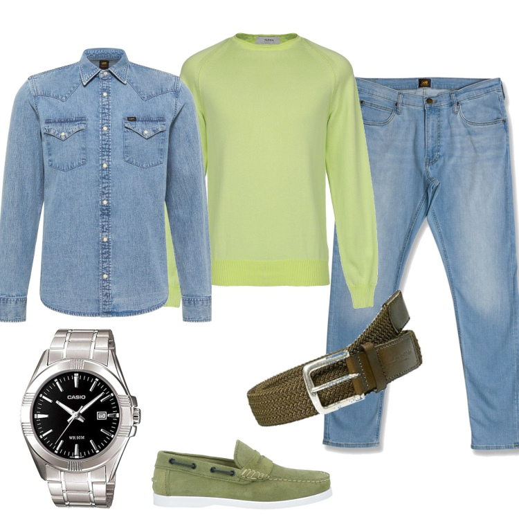 Outfit uomo - Casual. Stile Casual per Tutti i giorni. Abbinamento con jeans slim fit, camicie, scarpe stringate, pullovers, orologi, cinture.