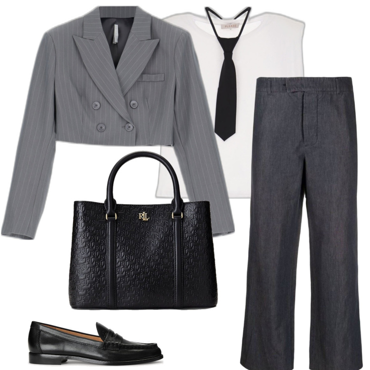 Outfit donna - Al lavoro con la cravatta. Stile Mannish per Ufficio. Abbinamento con pantaloni, t-shirt, cappotti, mocassini, borse a mano.