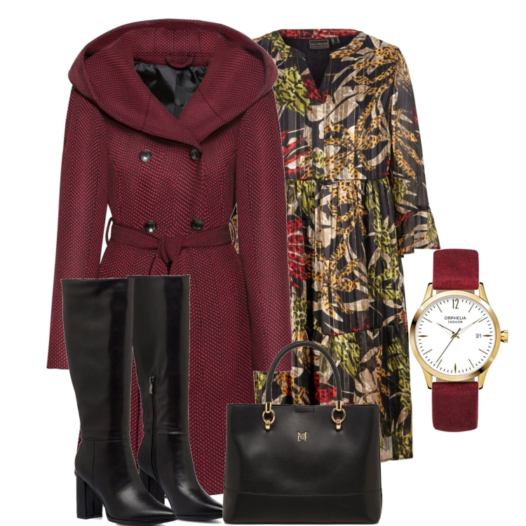 Outfit donna - Il vestito fantasia autunnale. Stile Casual chic per Tutti i giorni. Abbinamento con cappotti, vestiti, stivali, borse a mano, orologi.
