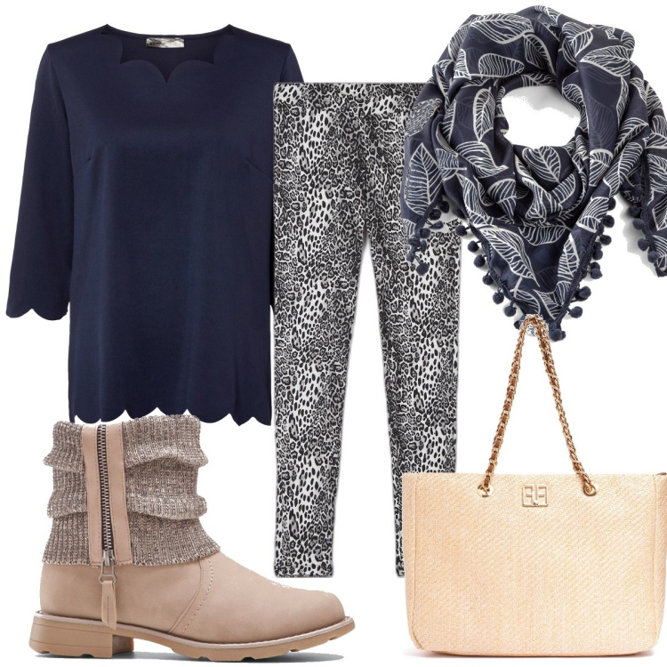 Outfit donna - Total look #1720877. Stile Etnico per Tutti i giorni. Abbinamento con stivaletti, maglieria, foulard, leggings, borse a spalla.