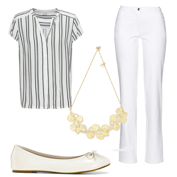 Outfit donna - Perfetta per il lavoro. Stile Casual chic per Ufficio. Abbinamento con pantaloni, camicie a manica corta, ballerine, collane.