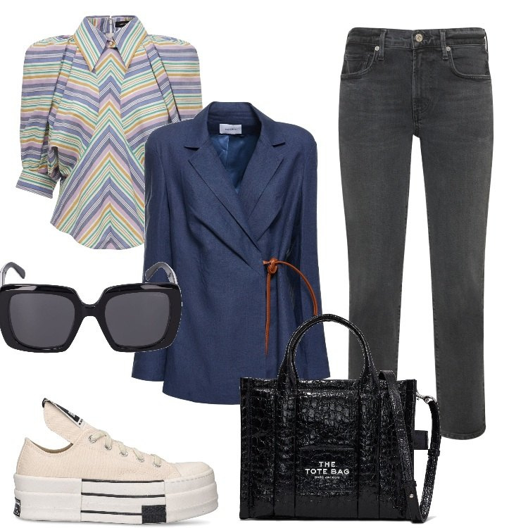 Outfit donna - Come Back In. Stile Trendy per Tutti i giorni. Abbinamento con camicie, borse tote, occhiali da sole, sneakers, giacche, jeans slim fit.