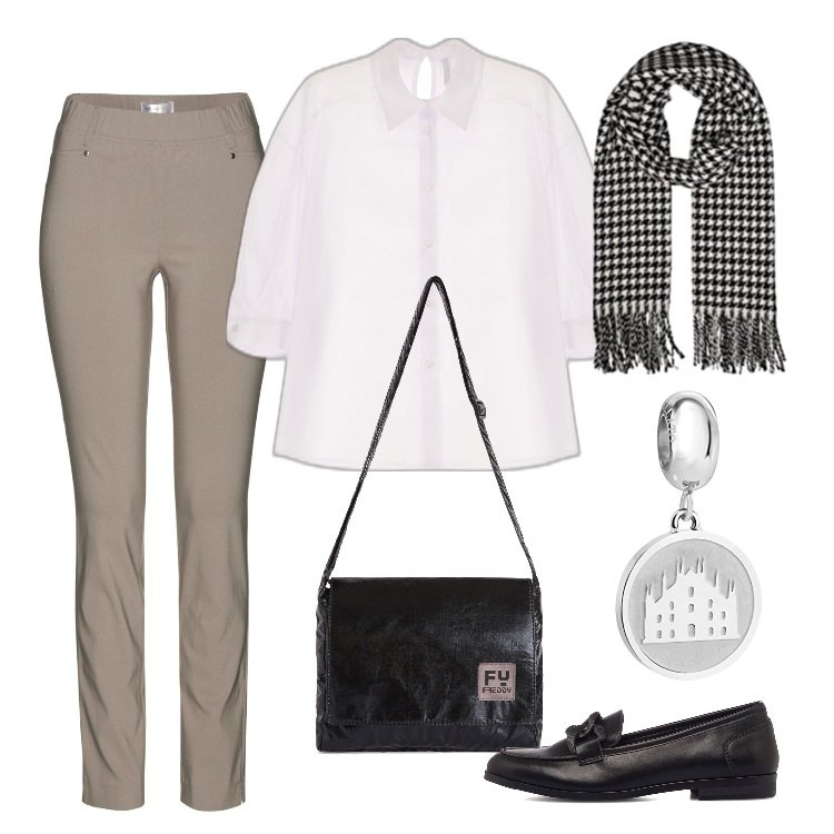 Outfit donna - Total look #1720954. Stile Urban per Ufficio. Abbinamento con pantaloni, camicie, borse a tracolla, mocassini, sciarpe, braccialetti.