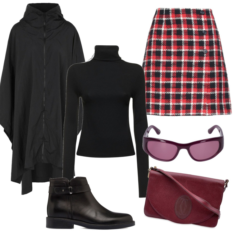 Outfit donna - Autumn vibes. Stile Glamour per Tutti i giorni. Abbinamento con cappe, minigonne, borse a spalla, stivaletti, maglieria, occhiali da sole.