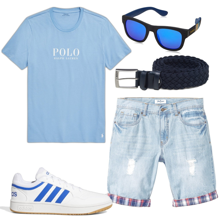 Outfit uomo - Total look #1720962. Stile Urban per Tutti i giorni. Abbinamento con bermuda, t-shirt, sneakers, cinture, occhiali da sole.