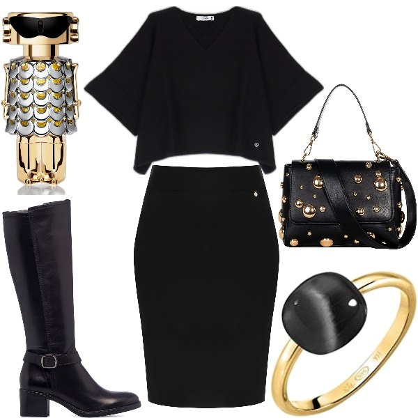 Outfit donna - Cena Total Black. Stile Trendy per Serata fuori. Abbinamento con profumi, maglieria, gonne, borse a spalla, stivali sopra il ginocchio, anelli.