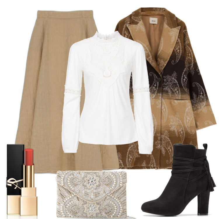 Outfit donna - Una serata Bohemien. Stile Boho per Serata fuori. Abbinamento con pochette, maglieria, stivaletti, rossetti, gonne lunghe, cappotti.