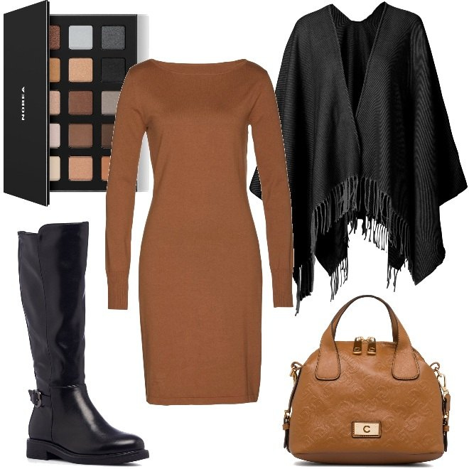 Outfit donna - Autunno in Ufficio. Stile Basic per Ufficio. Abbinamento con vestiti, cappotti, ombretti, stivali sopra il ginocchio, borse a spalla.