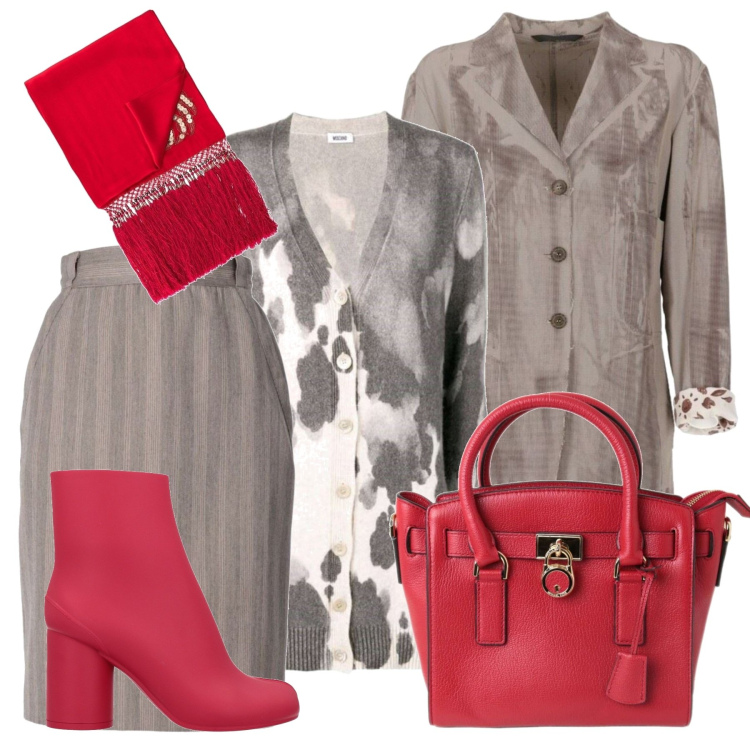 Outfit donna - Grigio & rosso in autunno. Stile Casual chic per Ufficio. Abbinamento con borse a mano, cardigans, sciarpe, minigonne, cappotti, stivaletti.