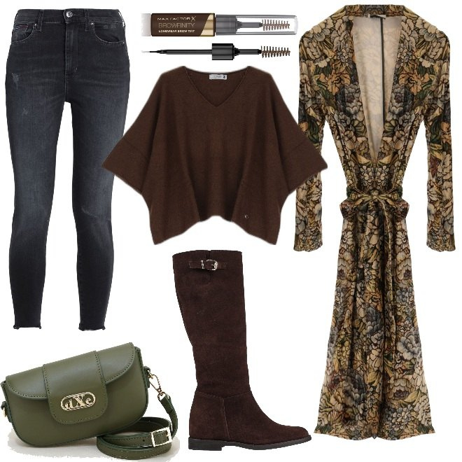 Outfit donna - Autunno Boho Style. Stile Boho per Tutti i giorni. Abbinamento con stivali, jeans skinny, mascara, maglieria, trench, pochette.