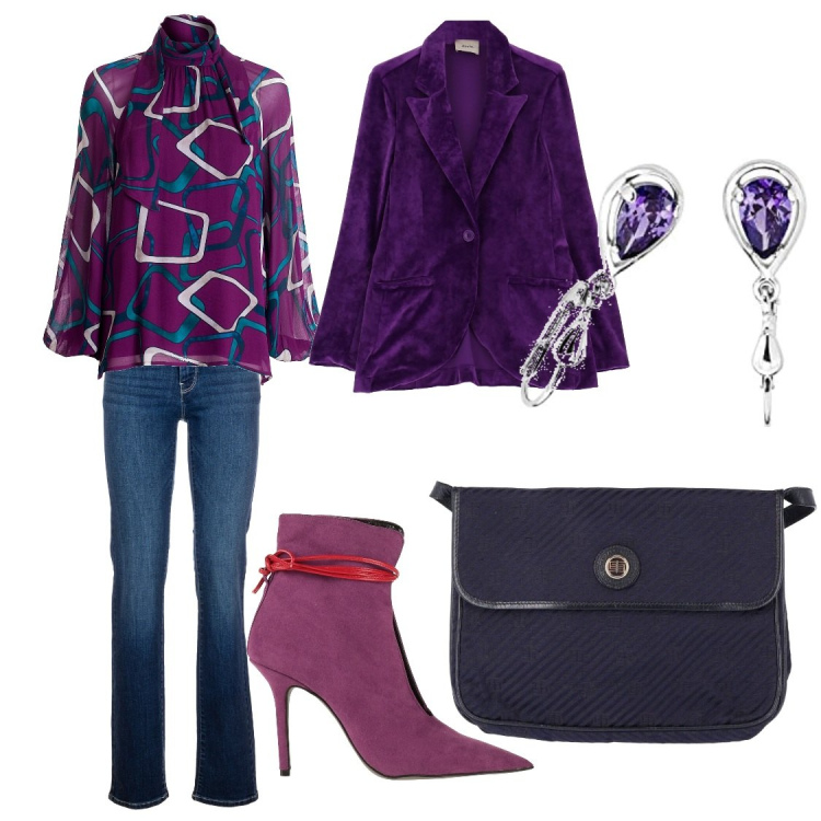 Outfit donna - Un pochino di autunno. Stile Urban per Tutti i giorni. Abbinamento con stivaletti, borse a spalla, bluse, jeans, giacche, orecchini.