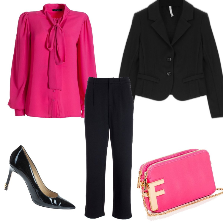 Outfit donna - Fucsia in ufficio. Stile Casual chic per Ufficio. Abbinamento con camicie, pantaloni, pochette, décolleté, cappotti.