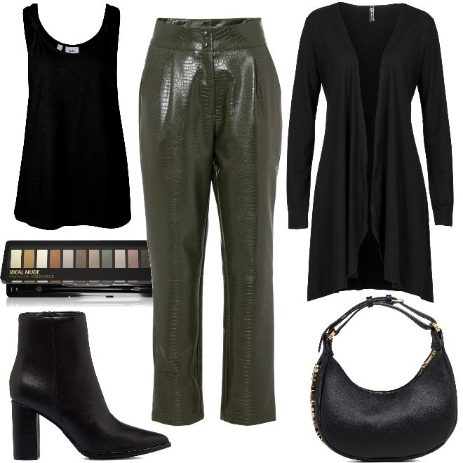 Outfit donna - Aperitivo Autunnale. Stile Trendy per Serata fuori. Abbinamento con cardigans, top, pantaloni, ombretti, borse a mano, stivaletti.