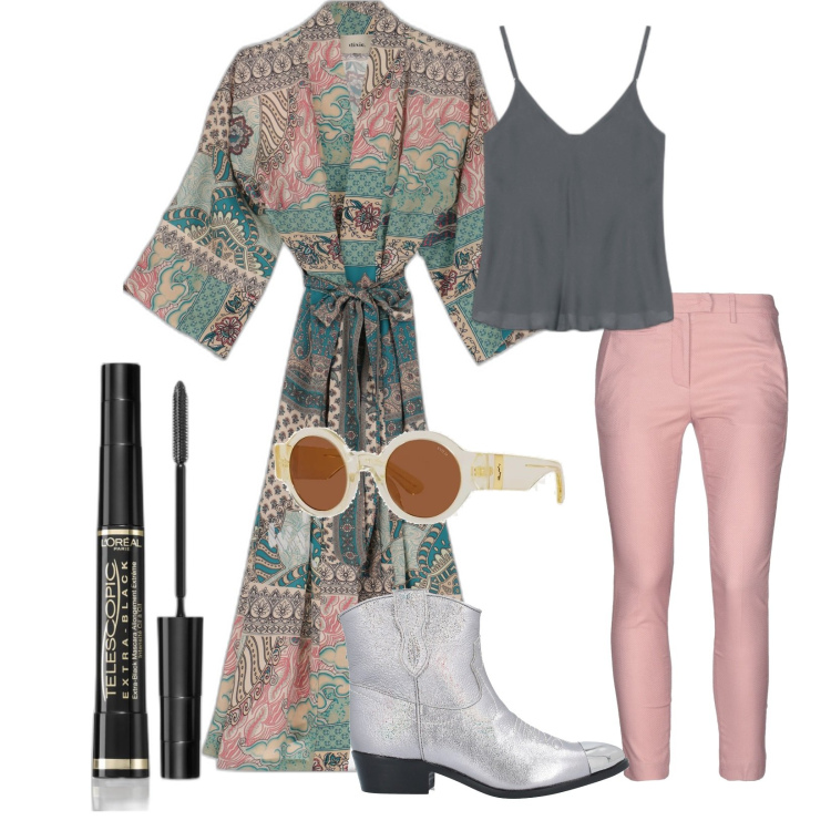Outfit donna - Total look #1721131. Stile Boho per Tutti i giorni. look ideale per Tall. Abbinamento con pantaloni, stivaletti, mascara, occhiali da sole, trench, canottiere.