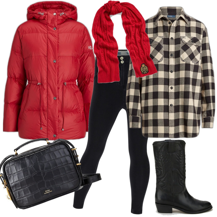 Outfit donna - Al lavoro. Stile Casual per Ufficio. Abbinamento con jeggings, piumini, sciarpe, camicie, borse a tracolla, stivali.