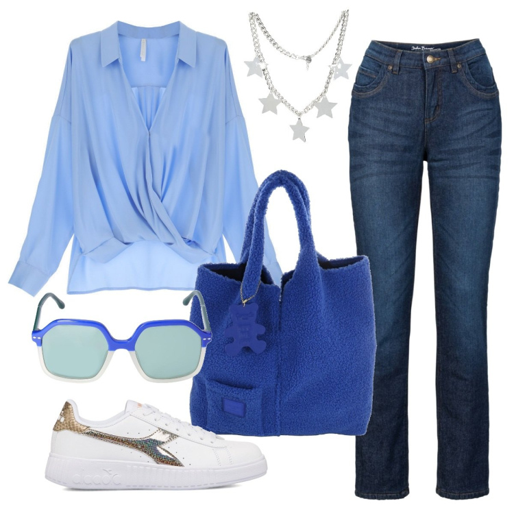 Outfit donna - Dinamica. Stile Basic per Scuola/Università. Abbinamento con jeans dritti, camicie, collane, sneakers, shopping bag, occhiali da sole.
