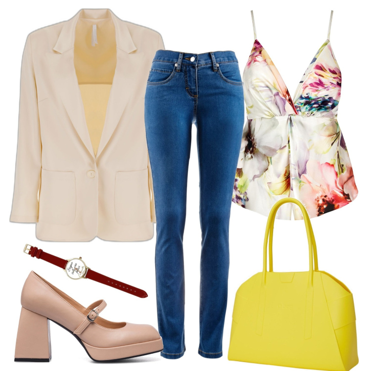 Outfit donna - Il top a fiori. Stile Glamour per Serata fuori. Abbinamento con jeans dritti, top, giacche, décolleté, orologi, borse a spalla.