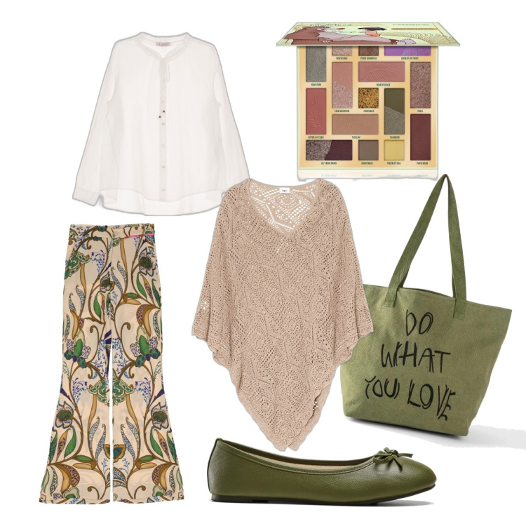Outfit donna - Boho ma chic. Stile Boho per Tutti i giorni. Abbinamento con shopping bag, ballerine, cappotti, ombretti, pantaloni a palazzo, camicie.