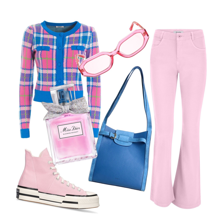 Outfit donna - Sporty chic. Stile Sporty chic per Tutti i giorni. Abbinamento con borse a spalla, profumi, cardigans, jeans a zampa, sneakers, occhiali da sole.