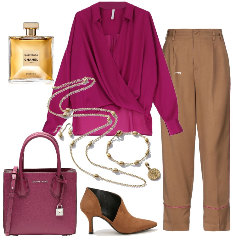 Outfit donna - Ufficio. Stile Chic per Tutti i giorni. Abbinamento con borse a mano, pantaloni, profumi, camicie, stivaletti, collane.
