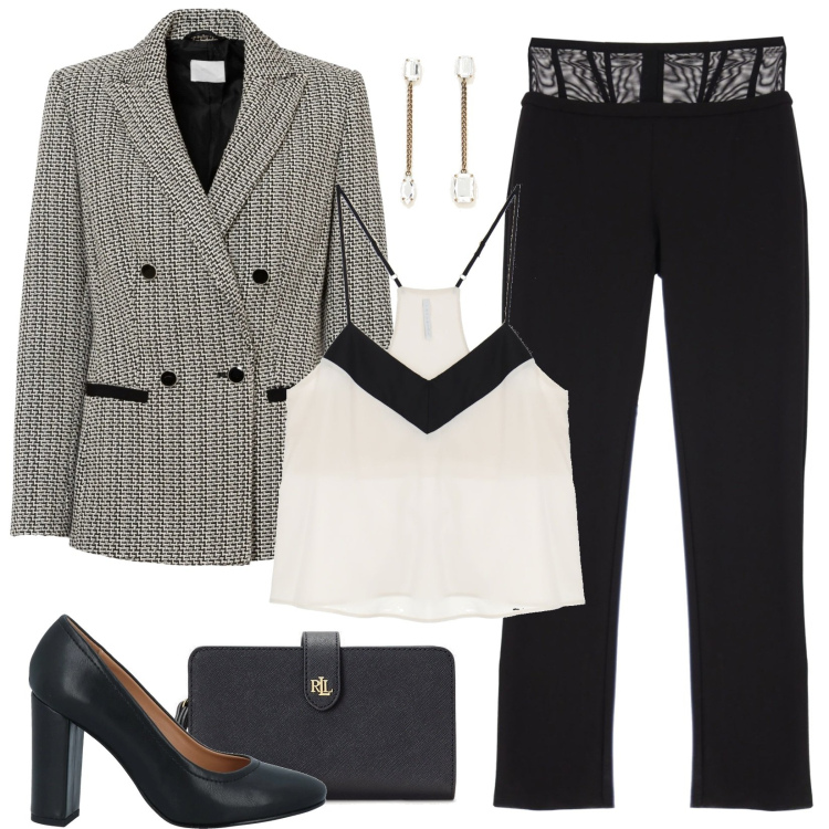 Outfit donna - Giacca e top, party chic!. Stile Chic per Cerimonia. Abbinamento con décolleté, blazer, pantaloni, canottiere, orecchini, pochette.