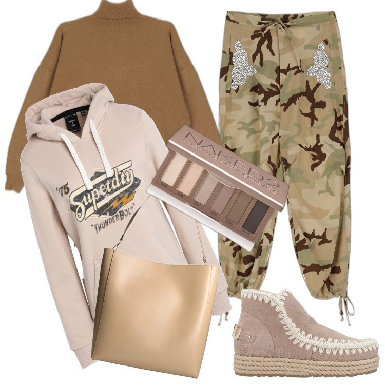 Outfit donna - Autunno. Stile Boho per Tutti i giorni. Abbinamento con felpe con cappuccio, stivaletti, borse a spalla, ombretti, maglieria, pantaloni.