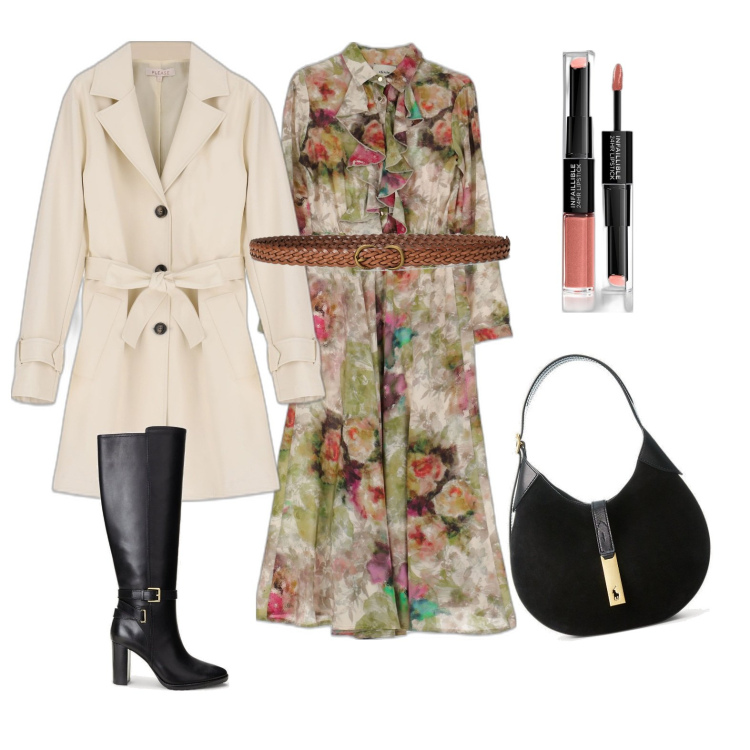 Outfit donna - Total look #1721212. Stile Boho per Serata fuori. Abbinamento con rossetti, cappotti, vestiti midi/longuette, cinture, stivali, borse a spalla.