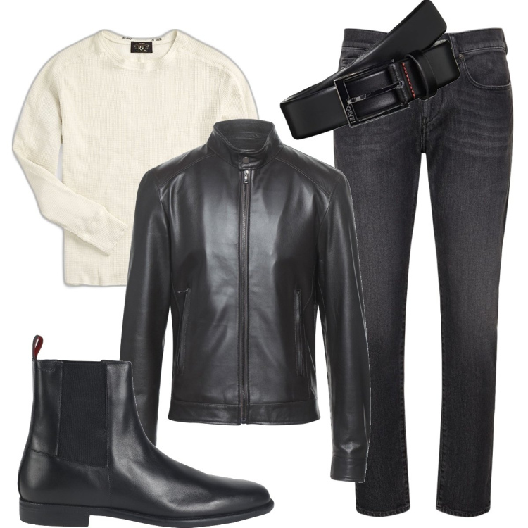 Outfit uomo - Rock. Stile Biker Rock per Tutti i giorni. Abbinamento con giacche, stivali e stivaletti, maglieria, jeans slim fit, cinture.