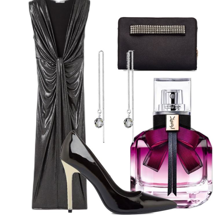Outfit donna - Look chic con Pittarosso. Stile Chic per Serata fuori. Abbinamento con profumi, vestiti lunghi, clutch, décolleté, orecchini.
