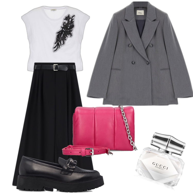 Outfit donna - Il blazer per la mezza stagione. Stile Mannish per Ufficio. Abbinamento con profumi, pantaloni a palazzo, t-shirt, cappotti, mocassini, borse a spalla.