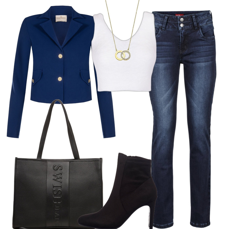 Outfit donna - Giacca, top, jeans e stivaletti. Stile Casual chic per Ufficio. Abbinamento con jeans, giacche, top, borse a spalla, stivaletti, collane.