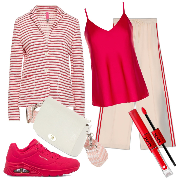 Outfit donna - All\'università. Stile Casual per Scuola/Università. Abbinamento con blazer, rossetti, top, pantaloni a palazzo, sneakers, borse a spalla.