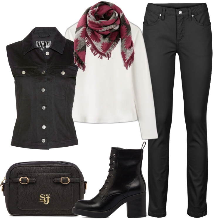 Outfit donna - Maglia, jeans, gilet ed anfibi. Stile Casual per Tutti i giorni. Abbinamento con jeans skinny, gilet, foulard, t-shirt, anfibi, borse a tracolla.