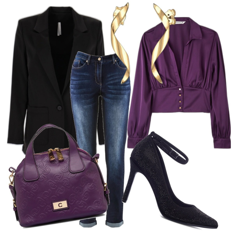 Outfit donna - Serata cheap and chic. Stile Chic per Serata fuori. Abbinamento con jeans boyfriend, bluse, giacche, borse a spalla, décolleté, orecchini.